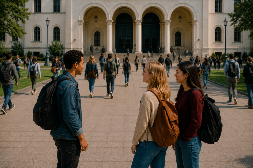 Drei Studierende unterhalten sich auf einem belebten Universitätscampus vor einem großen Hochschulgebäude, während weitere Studenten im Hintergrund unterwegs sind.