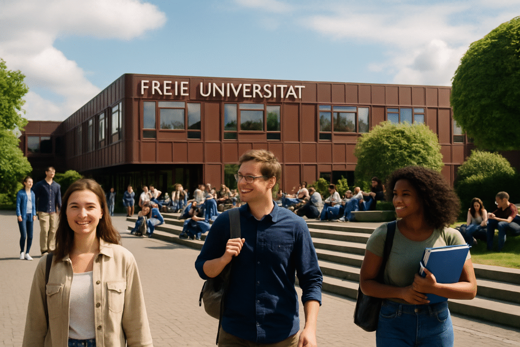 Studierende auf dem Campus der FU Berlin mit internationalem Flair