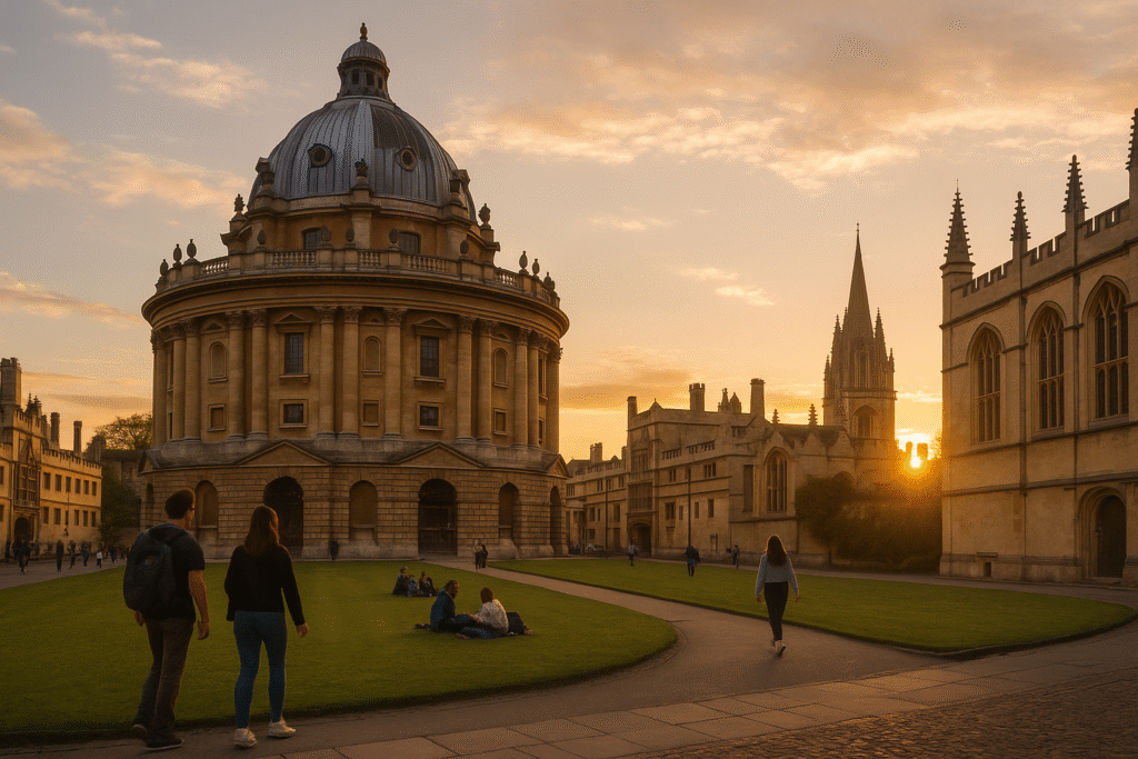 Studierende auf dem Campus der University of Oxford bei Sonnenuntergang