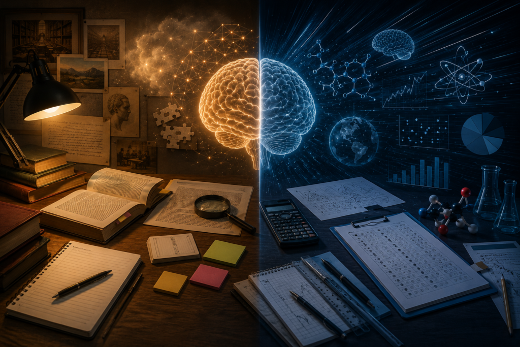 Illustration eines geteilten Lernraums: links Bücher, Notizen und analytisches Denken, rechts wissenschaftliche Diagramme, Formeln und Datenanalyse als Symbol für die Unterschiede zwischen SAT und ACT.