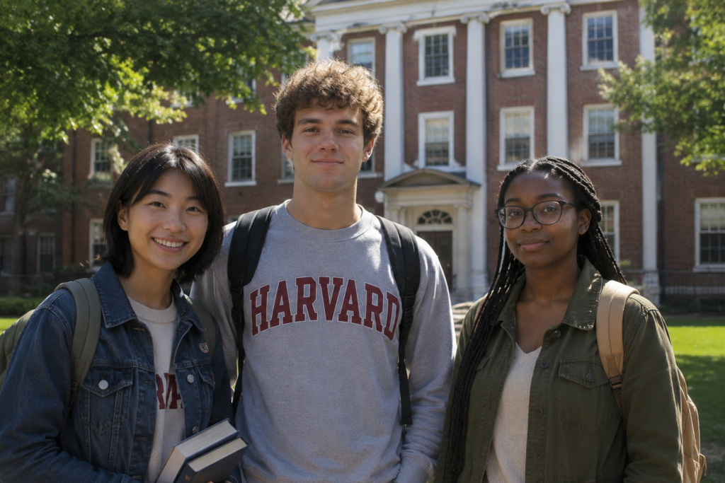 Drei Harvard-Studierende stehen vor einem Backsteingebäude.